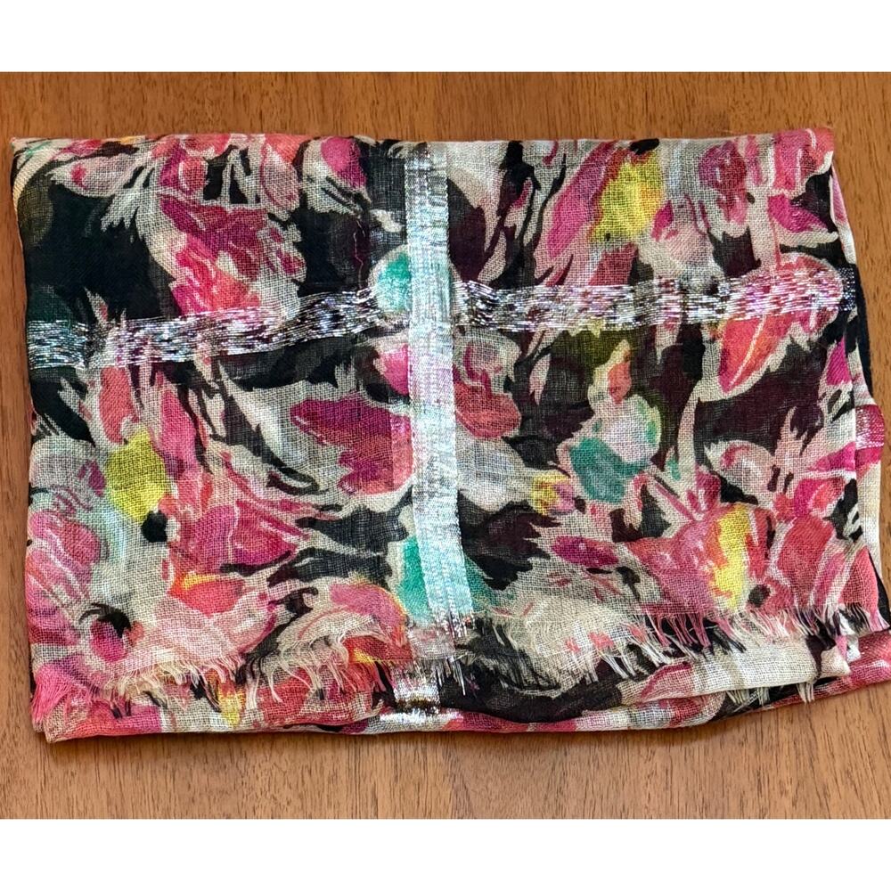 Vintage Floral Cotton-Silk Scarf 50"x26" Hot Pink Multicolor w/ Metallic Accents